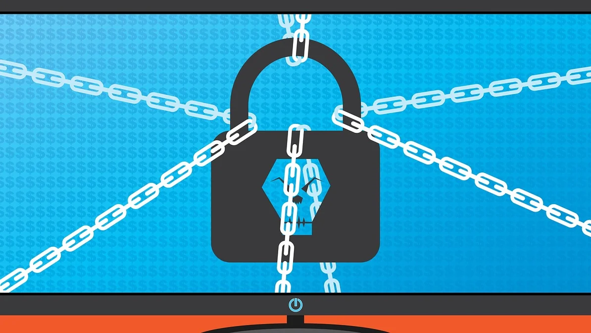 Illustration of a computer monitor secured by a padlock and chains.